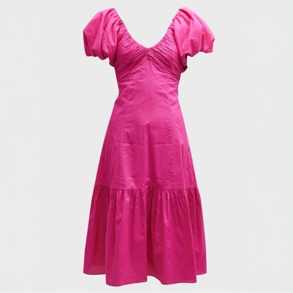 FRAME Puff-sleeve Textured Midi Dress V-neck A-line High Low Flounce Hem Small - Picture 13 of 16